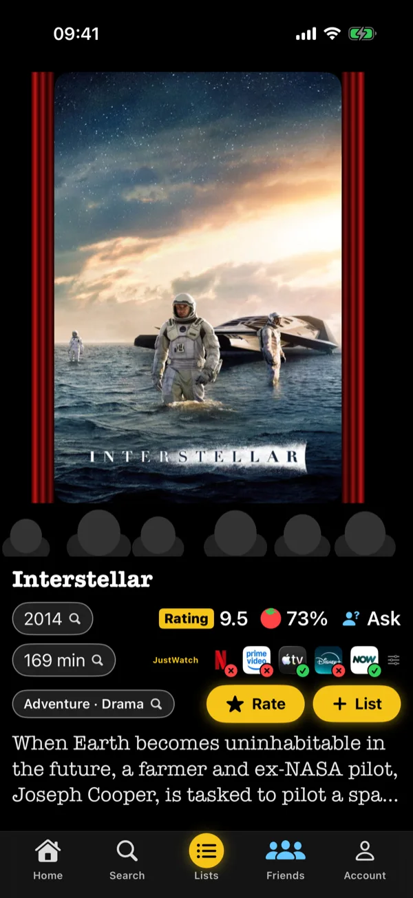 The FilmFeed feed showing Interstellar with its rating, Rotten Tomatoes score and where to watch
