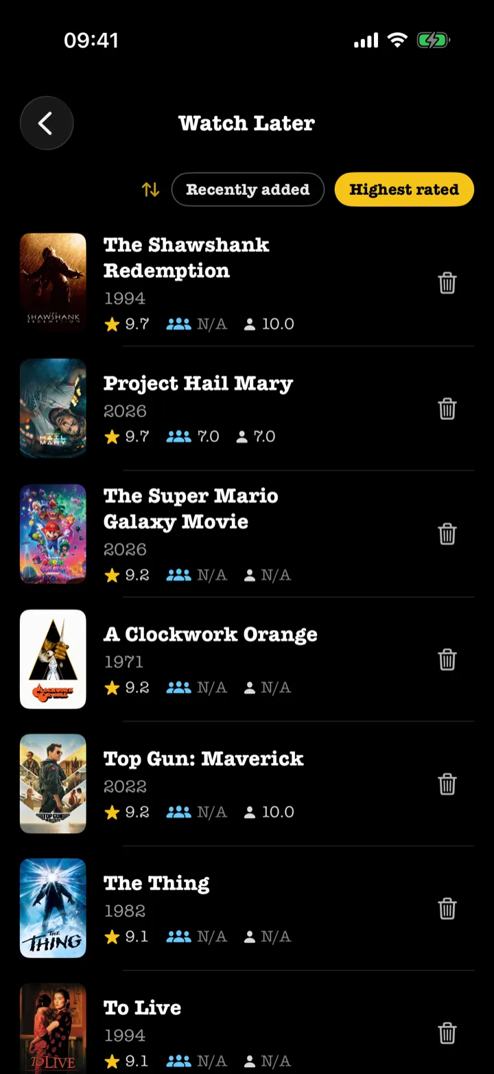 FilmFeed Watch Later list with sort chips, posters and ratings