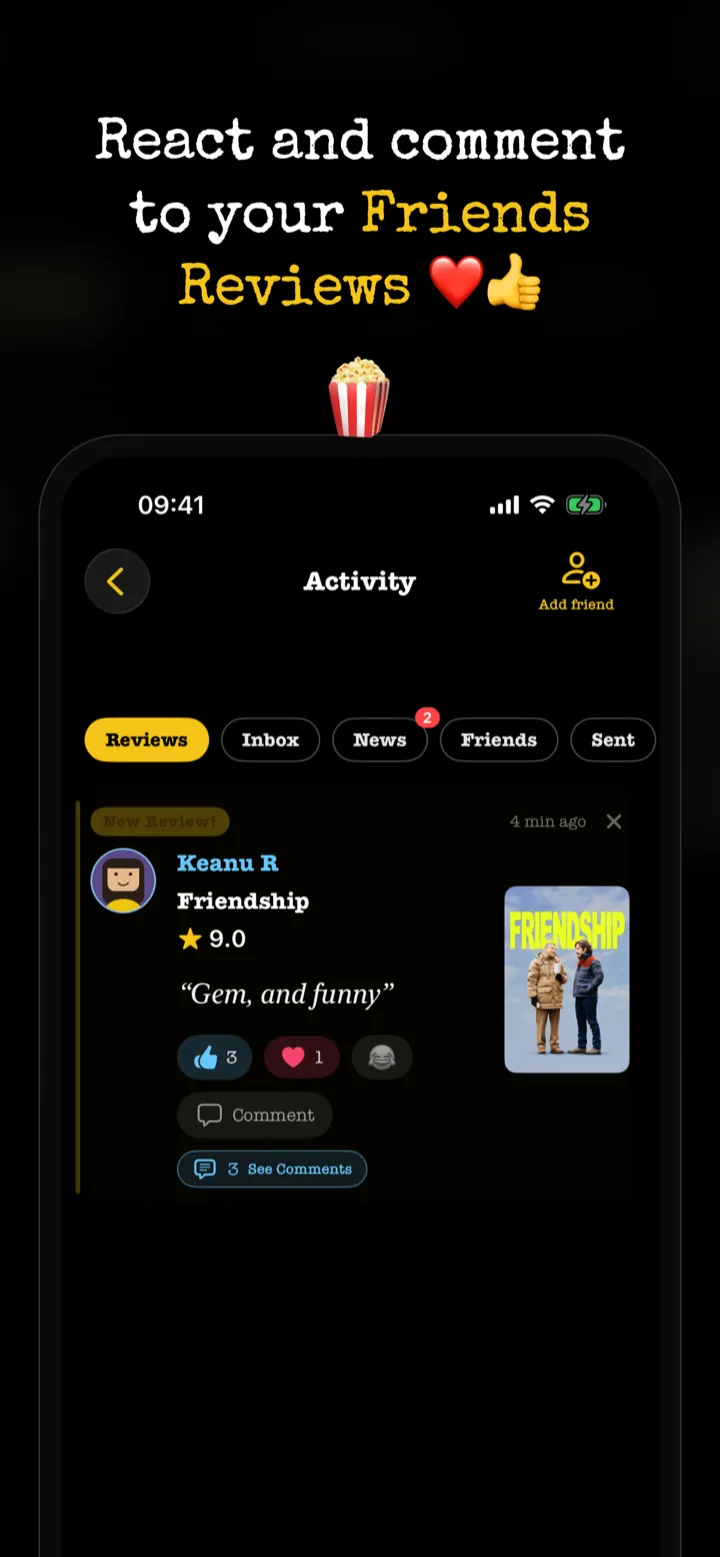 React and comment to your friends' reviews — a friend's review with reactions and comments