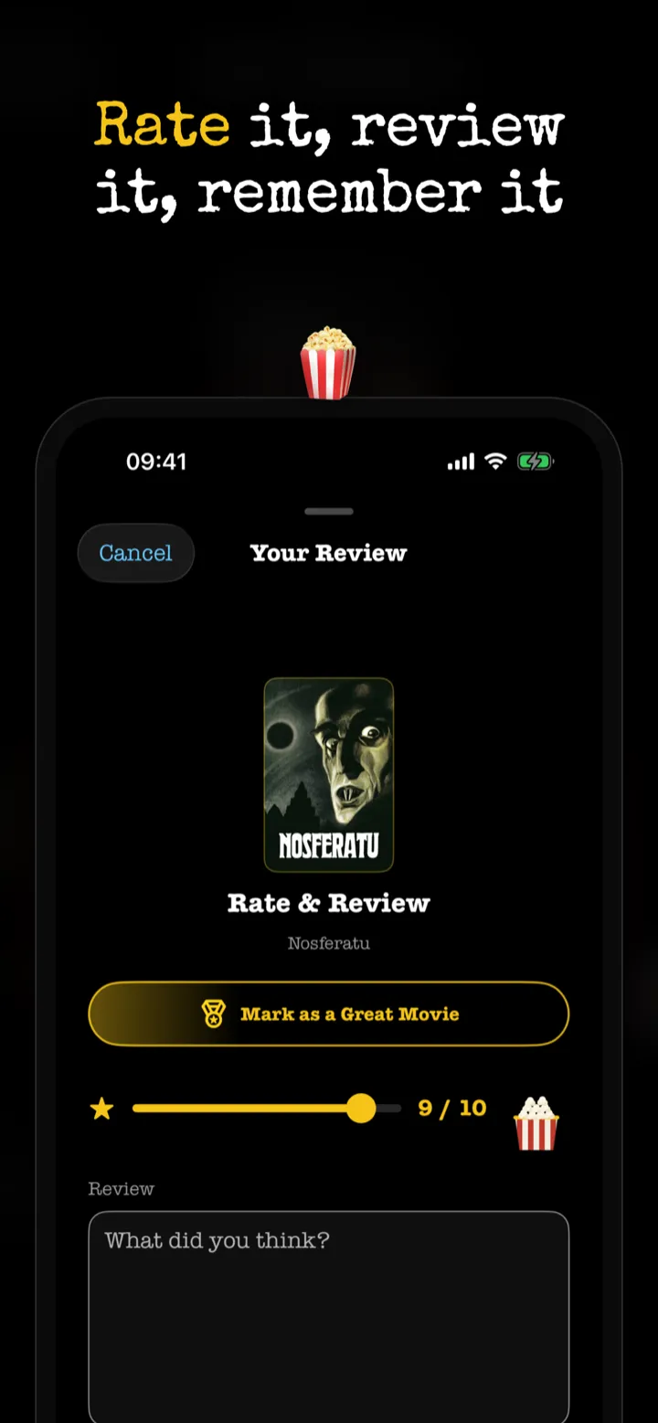 Rate it, review it, remember it — the review composer set to 9 out of 10